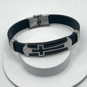 Stainless Steel & Black Rubber Cross Religious Christian Catholic Bracelet 8”